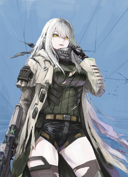 Anime picture 1000x1383 with girls frontline m4a1 (girls frontline) e.de.n single long hair tall image looking at viewer fringe breasts simple background hair between eyes standing holding signed yellow eyes payot white hair open clothes torn clothes looking down