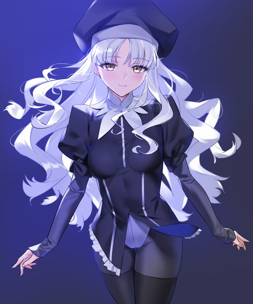 Anime picture 2527x3036 with fate (series) fate/hollow ataraxia caren hortensia yd (orange maru) single long hair tall image looking at viewer fringe highres breasts light erotic simple background smile standing yellow eyes silver hair long sleeves puffy sleeves gradient background