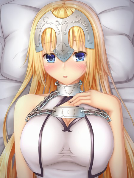 Anime picture 750x1000 with fate (series) fate/grand order fate/apocrypha jeanne d'arc (fate) (all) jeanne d'arc (fate) tapisuke single long hair tall image looking at viewer blush breasts open mouth blue eyes light erotic blonde hair large breasts lying embarrassed girl