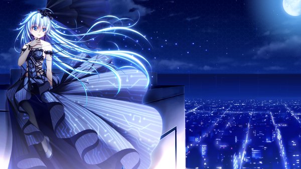 Anime picture 1280x720 with re:birth colony azurite asami asami long hair blue eyes wide image blue hair game cg night girl dress gloves hair ornament elbow gloves moon