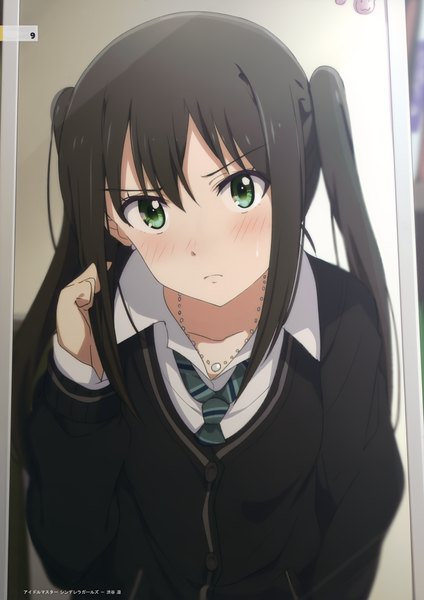 Anime picture 2476x3500 with idolmaster idolmaster cinderella girls milky been! (ogipote) - anime heroine twinta-ka illubon (artbook) shibuya rin ogipote single long hair tall image looking at viewer blush fringe highres black hair twintails green eyes head tilt scan leaning leaning forward reflection