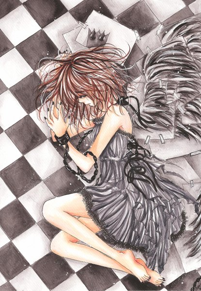 Anime picture 2351x3399 with original cherriuki single tall image looking at viewer highres short hair open mouth brown hair bare shoulders brown eyes nail polish barefoot angel wings black wings checkered floor black nail polish toenail polish girl dress