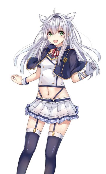 Anime picture 731x1199 with rokudenashi majutsu kouji to akashic record lidenfilms sistine fiber ym (distance819) single long hair tall image looking at viewer fringe open mouth simple background smile hair between eyes standing white background green eyes ahoge white hair pleated skirt midriff