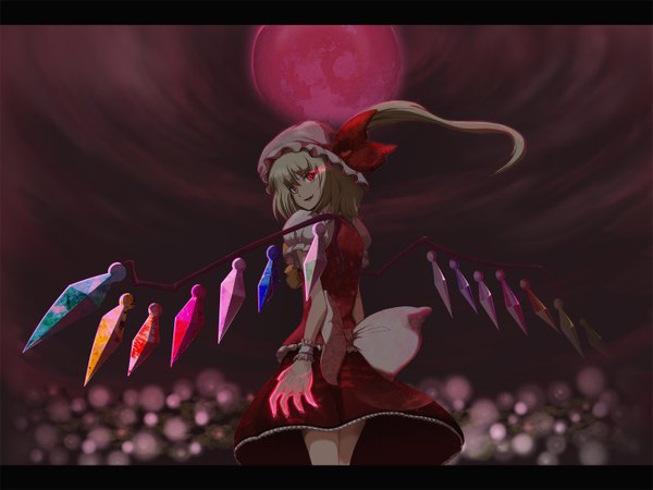 Anime picture 1400x1050 with touhou flandre scarlet kanato blonde hair red eyes teeth fang (fangs) one side up letterboxed girl skirt ribbon (ribbons) hat wings moon