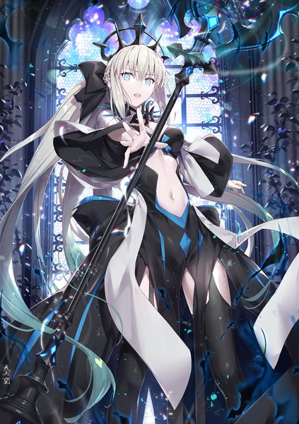 Anime picture 1058x1500 with fate (series) fate/grand order morgan le fay (fate) gabiran single tall image looking at viewer fringe breasts open mouth blue eyes light erotic hair between eyes standing signed payot silver hair ponytail indoors braid (braids)