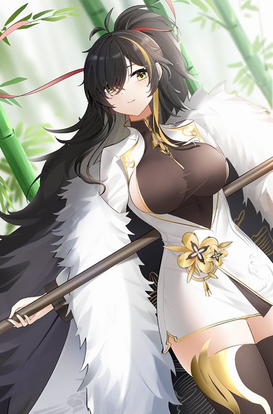 Anime picture 1057x1600 with azur lane harbin (azur lane) qing wu single long hair tall image looking at viewer fringe breasts light erotic black hair large breasts standing holding yellow eyes ahoge outdoors ponytail multicolored hair light smile