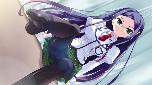 Anime picture 2048x1152 with pochi to goshujin-sama yamamine hijiri bernard hamashima shigeo long hair highres light erotic black hair wide image green eyes game cg pantyshot legs pantyshot sitting girl underwear panties glasses serafuku