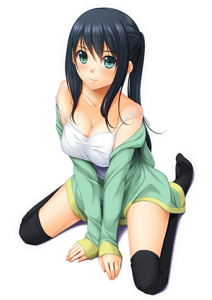 Anime picture 651x921 with original chiro (pixiv) single long hair tall image looking at viewer blush blue eyes light erotic black hair simple background white background cleavage ponytail girl thighhighs black thighhighs