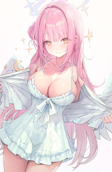 Anime picture 2667x4096 with blue archive mika (blue archive) freng single long hair tall image looking at viewer blush fringe highres breasts light erotic simple background smile large breasts standing white background yellow eyes payot pink hair