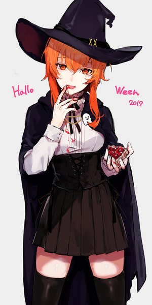 Anime picture 700x1400 with original arisaka ako's witch arisaka ako single long hair tall image looking at viewer blush fringe simple background hair between eyes standing pleated skirt orange hair grey background orange eyes zettai ryouiki halloween licking food on face