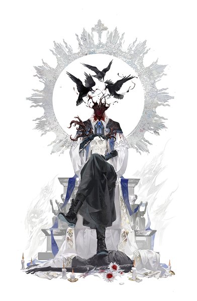 Anime picture 1000x1531 with bloodborne from software laurence the first vicar bloodytongue666 single tall image simple background white background sitting full body crossed legs guro boy gloves animal black gloves boots bird (birds) blood skull