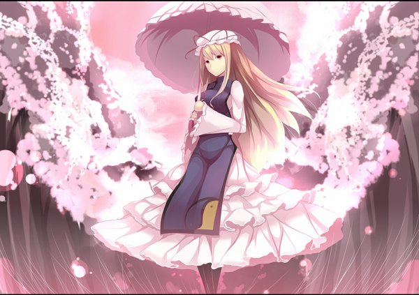 Anime picture 1100x777 with touhou yakumo yukari daiaru single long hair blonde hair red eyes cherry blossoms girl dress umbrella bonnet