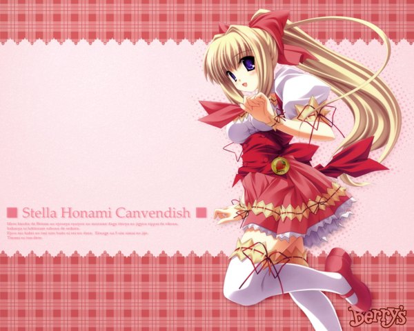Anime picture 1280x1024 with berry's long hair blue eyes blonde hair pink background waitress thighhighs ribbon (ribbons)