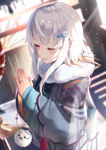 Anime picture 1000x1415 with original yukiyama momo single long hair tall image blush fringe open mouth smile standing payot silver hair blunt bangs eyes closed traditional clothes japanese clothes sunlight sunbeam hands clasped praying