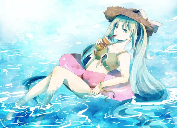 Anime picture 1100x800 with vocaloid hatsune miku rio (e2759) long hair twintails aqua eyes aqua hair girl swimsuit hat water