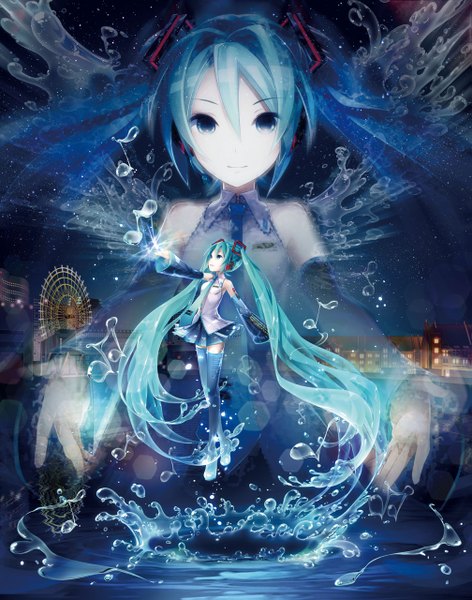 Anime picture 1007x1280 with vocaloid hatsune miku hatsune miku (vocaloid3) ixima single tall image twintails very long hair aqua eyes aqua hair zoom layer girl skirt detached sleeves wings necktie bubble (bubbles)