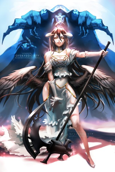 Anime picture 604x900 with overlord (maruyama) madhouse albedo (overlord) ainz ooal gown ofskysociety long hair tall image looking at viewer fringe breasts black hair smile hair between eyes standing bare shoulders holding signed yellow eyes full body ahoge