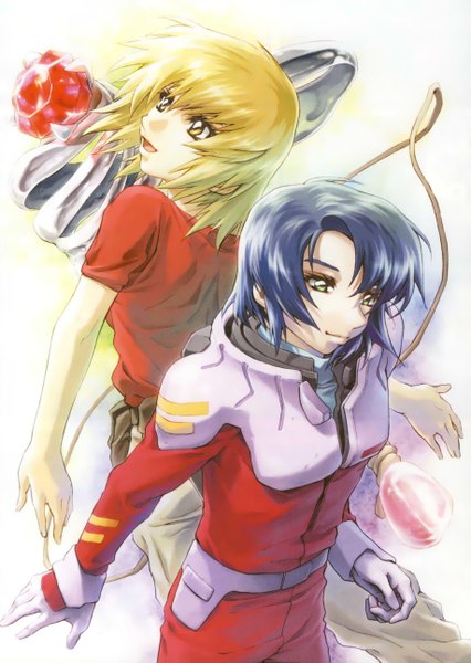 Anime picture 1835x2587 with mobile suit gundam gundam seed destiny sunrise (studio) athrun zala cagalli yula athha tall image highres short hair blonde hair smile green eyes yellow eyes blue hair absurdres couple back to back girl boy ring
