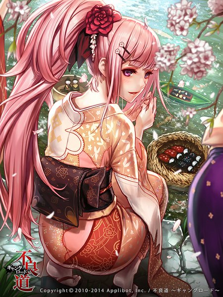 Anime picture 600x800 with furyou michi ~gang road~ remana single long hair tall image looking at viewer blush fringe sitting pink hair outdoors ponytail traditional clothes parted lips japanese clothes looking back hair flower from behind inscription official art
