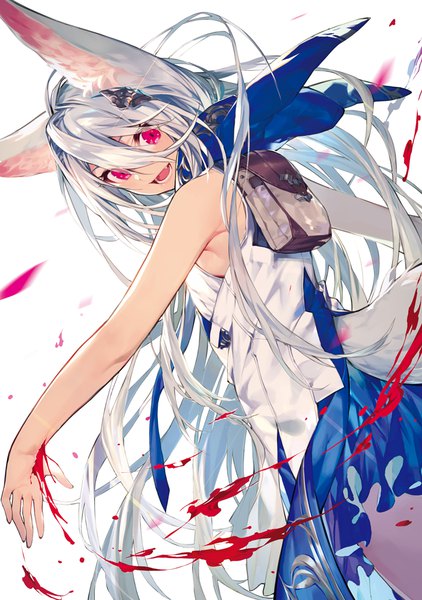 Anime picture 703x1000 with original noy single tall image looking at viewer fringe open mouth simple background hair between eyes white background bare shoulders animal ears silver hair tail very long hair :d animal tail pink eyes looking back from behind