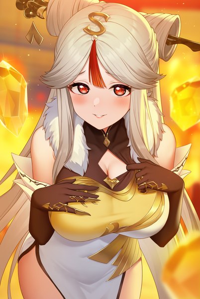 Anime picture 2352x3508 with genshin impact ningguang (genshin impact) fukuro ko (greentea) single tall image looking at viewer blush fringe highres breasts light erotic smile red eyes large breasts standing signed silver hair very long hair traditional clothes parted lips