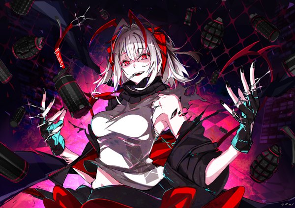Anime picture 3541x2508 with arknights w (arknights) cno single fringe highres short hair open mouth hair between eyes red eyes absurdres silver hair upper body ahoge nail polish horn (horns) armpit (armpits) black nail polish girl gloves