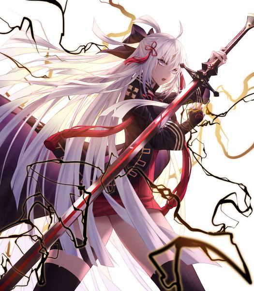 Anime picture 2000x2286 with fate (series) fate/grand order okita souji (fate) (all) okita souji alter (fate) cecil86 single tall image looking at viewer fringe highres open mouth simple background hair between eyes standing white background holding payot silver hair ahoge very long hair