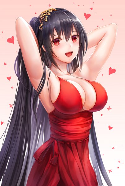 Anime picture 1205x1795 with azur lane taihou (azur lane) taihou (forbidden feast) (azur lane) lunacle single tall image looking at viewer blush fringe breasts open mouth light erotic simple background smile hair between eyes red eyes large breasts standing very long hair :d