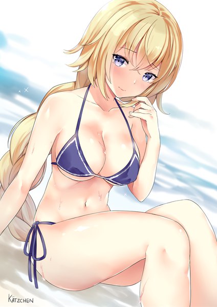 Anime picture 694x982 with fate (series) fate/apocrypha jeanne d'arc (fate) (all) jeanne d'arc (fate) kaetzchen single long hair tall image looking at viewer blush fringe breasts blue eyes light erotic blonde hair hair between eyes sitting bare shoulders signed cleavage