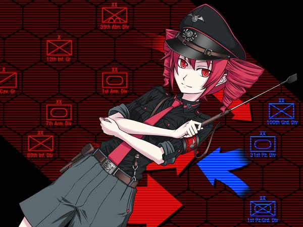 Anime picture 1024x768 with utau kasane teto sukua single smile red eyes red hair girl uniform necktie shorts belt military uniform flat cap