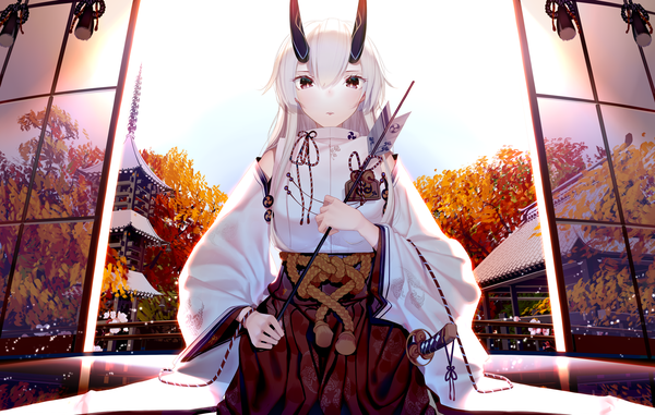 Anime picture 1920x1222 with fate (series) fate/grand order tomoe gozen (fate) atha (leejuiping) single long hair looking at viewer blush fringe highres hair between eyes red eyes sitting sky white hair traditional clothes parted lips japanese clothes horn (horns) wide sleeves