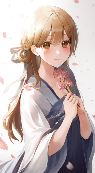 Anime picture 1000x1821 with original langmal single long hair tall image looking at viewer blush fringe simple background smile hair between eyes brown hair standing white background holding brown eyes traditional clothes wide sleeves arms up cherry blossoms