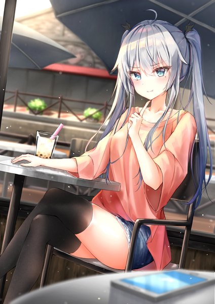 Anime picture 2894x4093 with original beliatan single long hair tall image looking at viewer blush fringe highres blue eyes hair between eyes twintails silver hair ahoge bent knee (knees) outdoors blurry mole wide sleeves sparkle