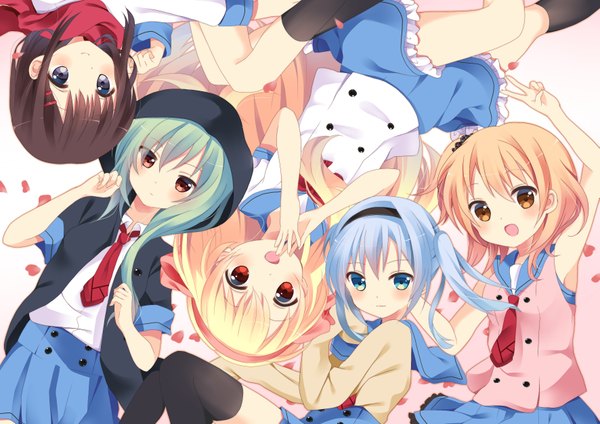 Anime picture 1771x1254 with kagerou project shaft (studio) tateyama ayano mary (kagerou project) ene (kagerou project) kido tsubomi kisaragi momo kumakichi. looking at viewer blush highres open mouth blue eyes black hair blonde hair red eyes multiple girls brown eyes blue hair aqua hair