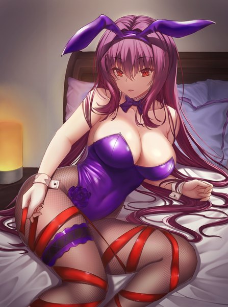 Anime picture 3000x4026 with fate (series) fate/grand order scathach (fate) (all) scathach (fate) scathach (piercing bunny) (fate) tlgn001018 single long hair tall image looking at viewer fringe highres breasts open mouth light erotic hair between eyes red eyes large breasts animal ears purple hair