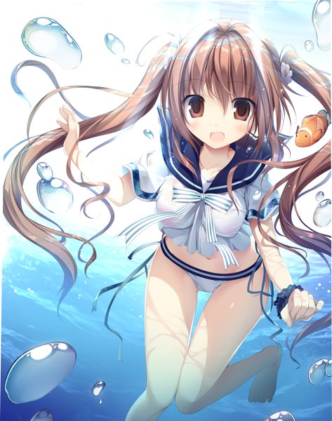 Anime picture 3555x4509 with original karory single long hair tall image looking at viewer blush fringe highres breasts open mouth light erotic smile hair between eyes brown hair large breasts twintails brown eyes payot absurdres