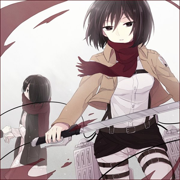 Anime picture 1000x1000 with shingeki no kyojin production i.g mikasa ackerman hoshiyui tsukino (artist) short hair black hair multiple girls black eyes open clothes open jacket dual persona girl weapon 2 girls sword scarf red scarf