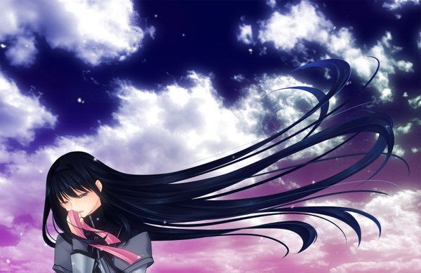 Anime picture 1500x975 with mahou shoujo madoka magica shaft (studio) akemi homura single long hair black hair purple eyes sky cloud (clouds) eyes closed wind tears girl