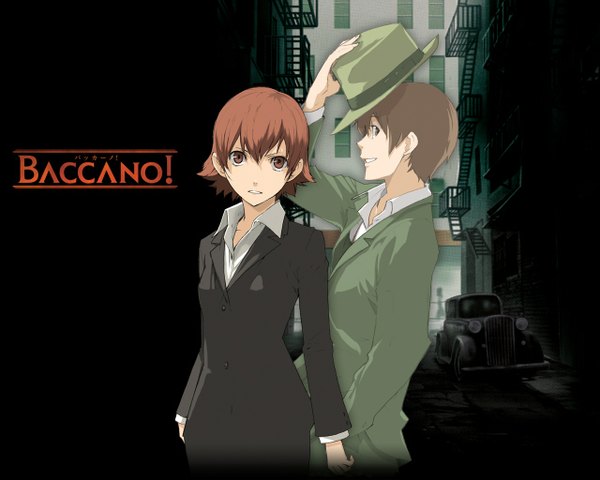 Anime picture 1280x1024 with baccano! firo prochainezo ennis short hair smile red eyes brown hair brown eyes red hair profile city hand in pocket hat removed headwear removed hat shirt suit blouse