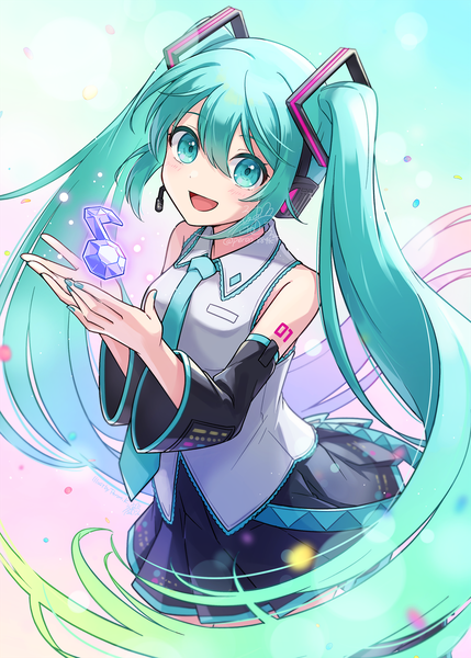 Anime picture 1500x2100 with vocaloid hatsune miku peron (niki2ki884) single tall image looking at viewer fringe open mouth hair between eyes twintails very long hair nail polish :d aqua eyes from above aqua hair aqua nail polish girl detached sleeves necktie