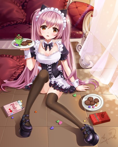 Anime picture 1000x1250 with original yun zi single long hair tall image blush fringe breasts open mouth large breasts sitting twintails holding brown eyes signed animal ears pink hair bent knee (knees) indoors sunlight
