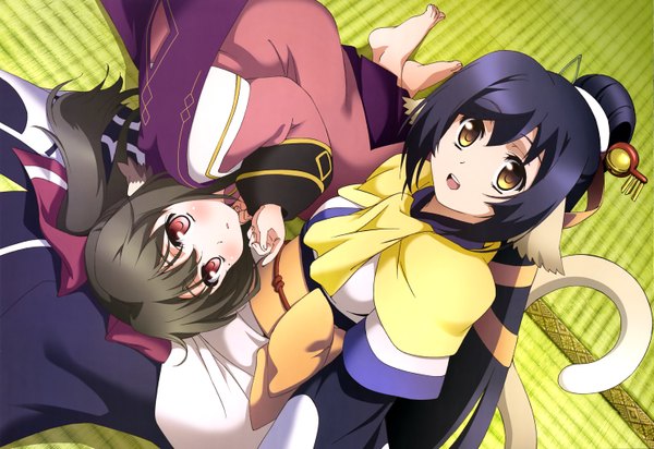 Anime picture 5939x4086 with utawareru mono: itsuwari no kamen white fox nyantype kuon (utawareru mono) necone (utawareru mono) long hair looking at viewer blush highres open mouth black hair red eyes twintails multiple girls brown eyes animal ears blue hair absurdres tail animal tail