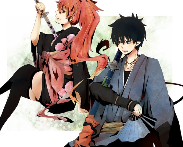 Anime picture 1800x1453 with ao no exorcist a-1 pictures okumura rin kirigakure shura mattya0417 long hair fringe highres blue eyes black hair smile red eyes sitting ponytail tail japanese clothes multicolored hair pointy ears girl thighhighs