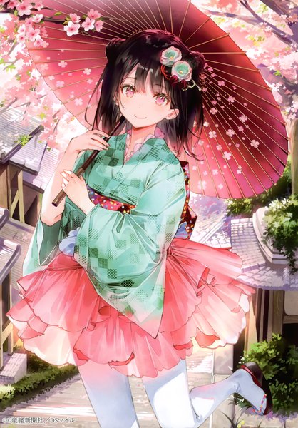 Anime picture 2097x3011 with original dsmile single long hair tall image looking at viewer blush fringe highres black hair smile standing holding outdoors traditional clothes japanese clothes pink eyes hair flower scan wide sleeves