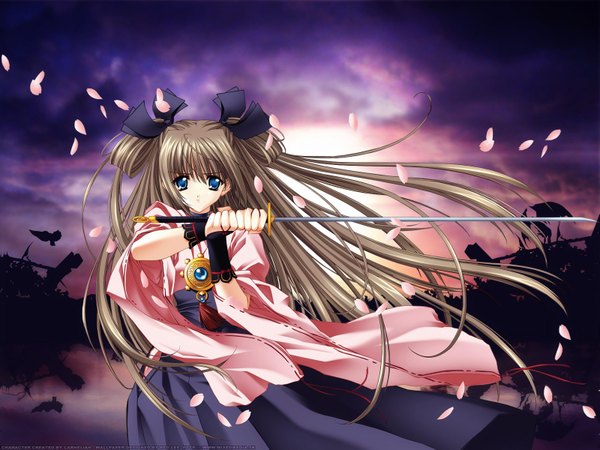 Anime picture 1600x1200 with push!! carnelian single looking at viewer fringe blue eyes brown hair sky cloud (clouds) traditional clothes wind reflection third-party edit serious girl ribbon (ribbons) weapon animal petals sword
