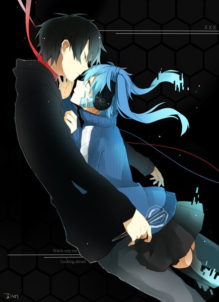 Anime picture 1349x1860 with kagerou project shaft (studio) ene (kagerou project) kisaragi shintarou asahimachi asahi machi long hair tall image fringe short hair black hair twintails holding profile pleated skirt aqua hair zettai ryouiki black background face to face eye contact