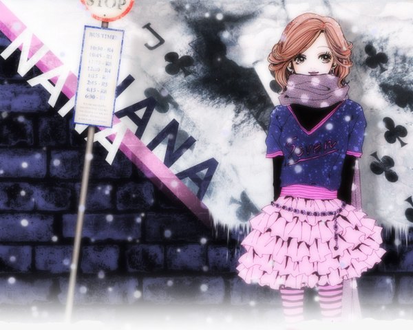 Anime picture 1240x992 with nana madhouse nana komatsu james hildenbrand (redxxii) yazawa ai single looking at viewer short hair smile character names snowing hands behind back third-party edit clothes writing girl skirt pantyhose scarf traffic sign striped pantyhose