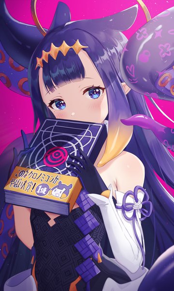 Anime picture 2000x3333 with virtual youtuber hololive hololive english ninomae ina'nis ninomae ina'nis (1st costume) ao-chan (ninomae ina'nis) pn (wnsl216) single long hair tall image looking at viewer blush fringe highres blue eyes simple background animal ears purple hair upper body pink background