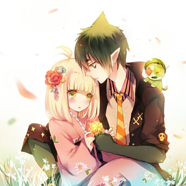 Anime picture 800x801 with ao no exorcist a-1 pictures moriyama shiemi amaimon nii (ao no exorcist) shell (pixiv) tall image blush fringe short hair open mouth blonde hair sitting holding green eyes ahoge traditional clothes japanese clothes multicolored hair hair flower