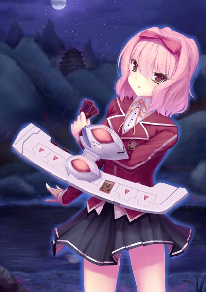 Anime picture 3507x4960 with sonikey0 0 single tall image looking at viewer highres short hair pink hair absurdres pink eyes night girl dress skirt uniform bow hair bow school uniform moon card (cards)